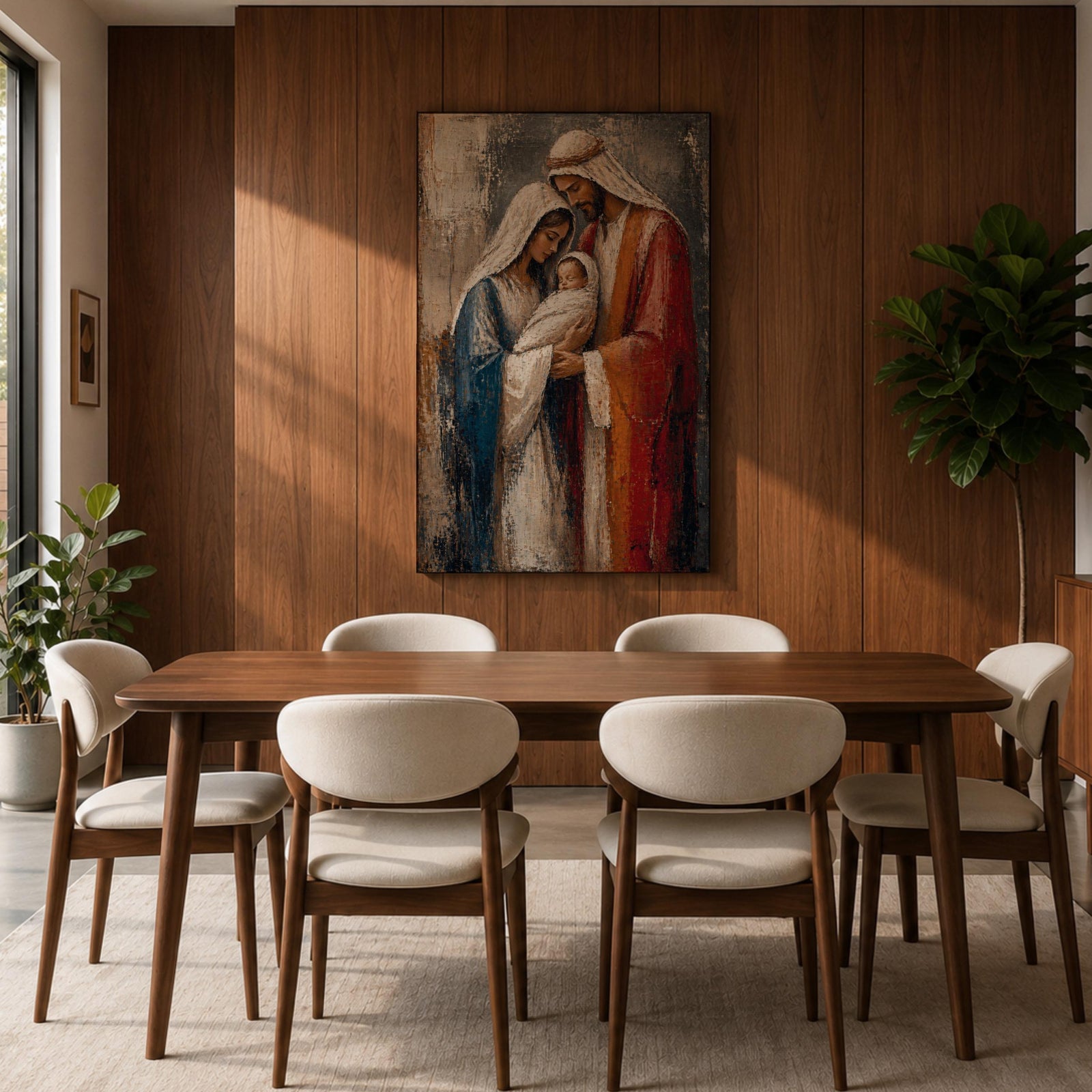 Holy Family wall art featuring Mary, Joseph, and Baby Jesus in a textured impasto painting style, Christian canvas decor for home, prayer room, and Catholic spaces.