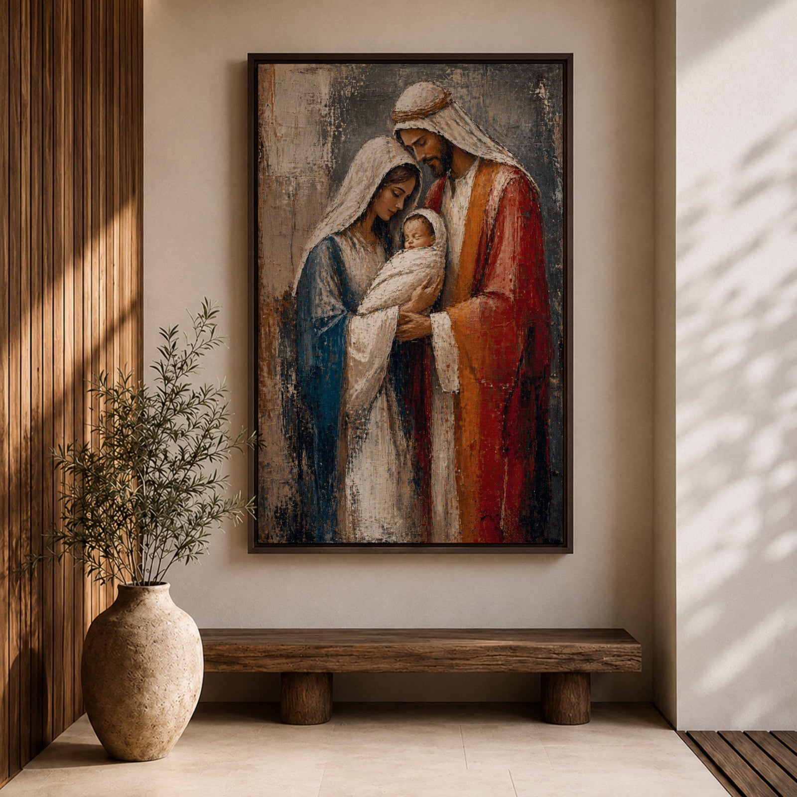 Holy Family wall art featuring Mary, Joseph, and Baby Jesus in a textured impasto painting style, Christian canvas decor for home, prayer room, and Catholic spaces.