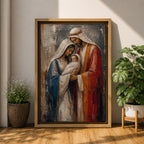 Holy Family wall art featuring Mary, Joseph, and Baby Jesus in a textured impasto painting style, Christian canvas decor for home, prayer room, and Catholic spaces.