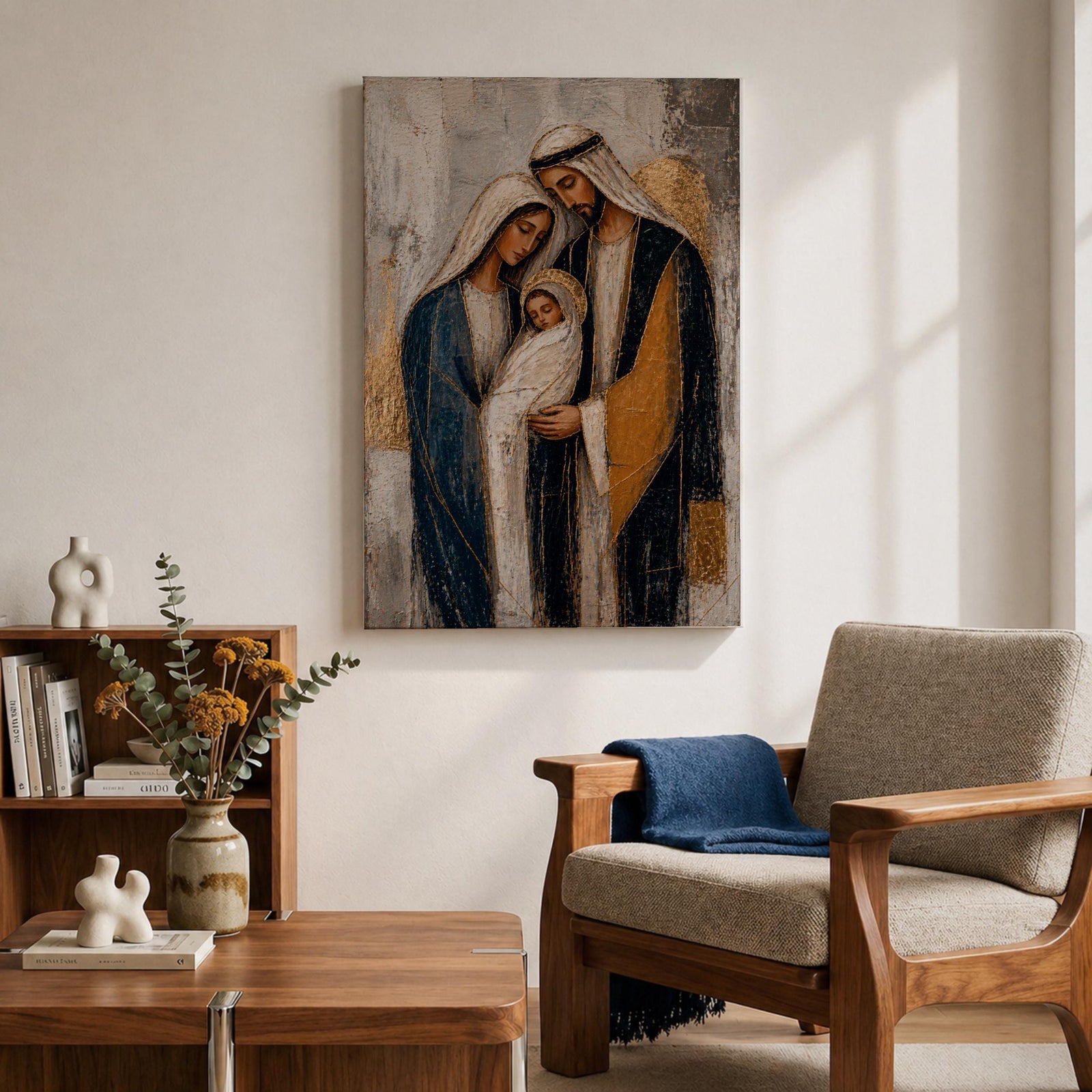 Celebrate faith and family with this Holy Family Wall Art, featuring Mary, Joseph, and the infant Jesus in a beautifully textured painterly style with elegant gold leaf-inspired accents. This timeless Catholic canvas print brings warmth, peace, and devotion to prayer rooms, home altars, churches, or living spaces.