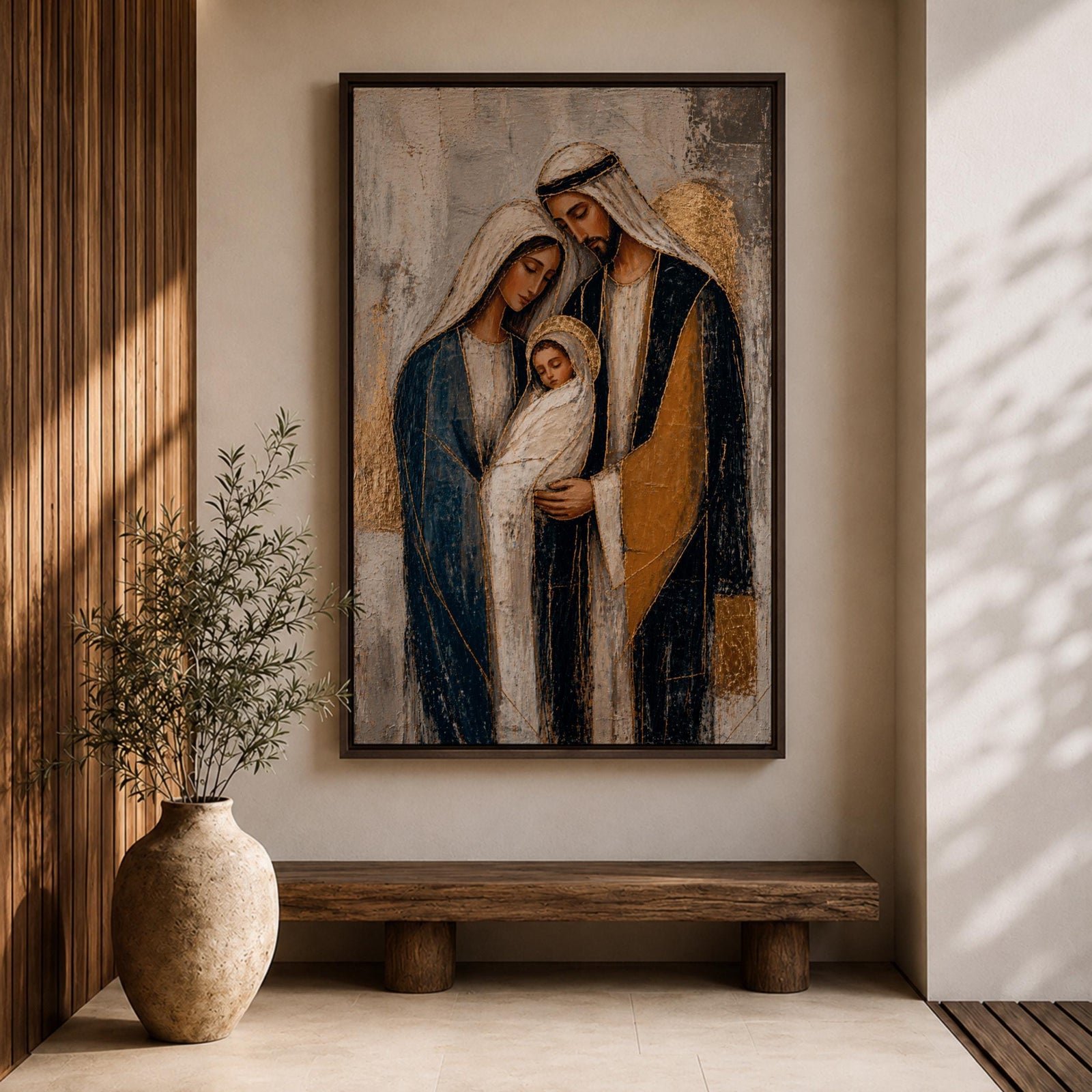 Celebrate faith and family with this Holy Family Wall Art, featuring Mary, Joseph, and the infant Jesus in a beautifully textured painterly style with elegant gold leaf-inspired accents. This timeless Catholic canvas print brings warmth, peace, and devotion to prayer rooms, home altars, churches, or living spaces.