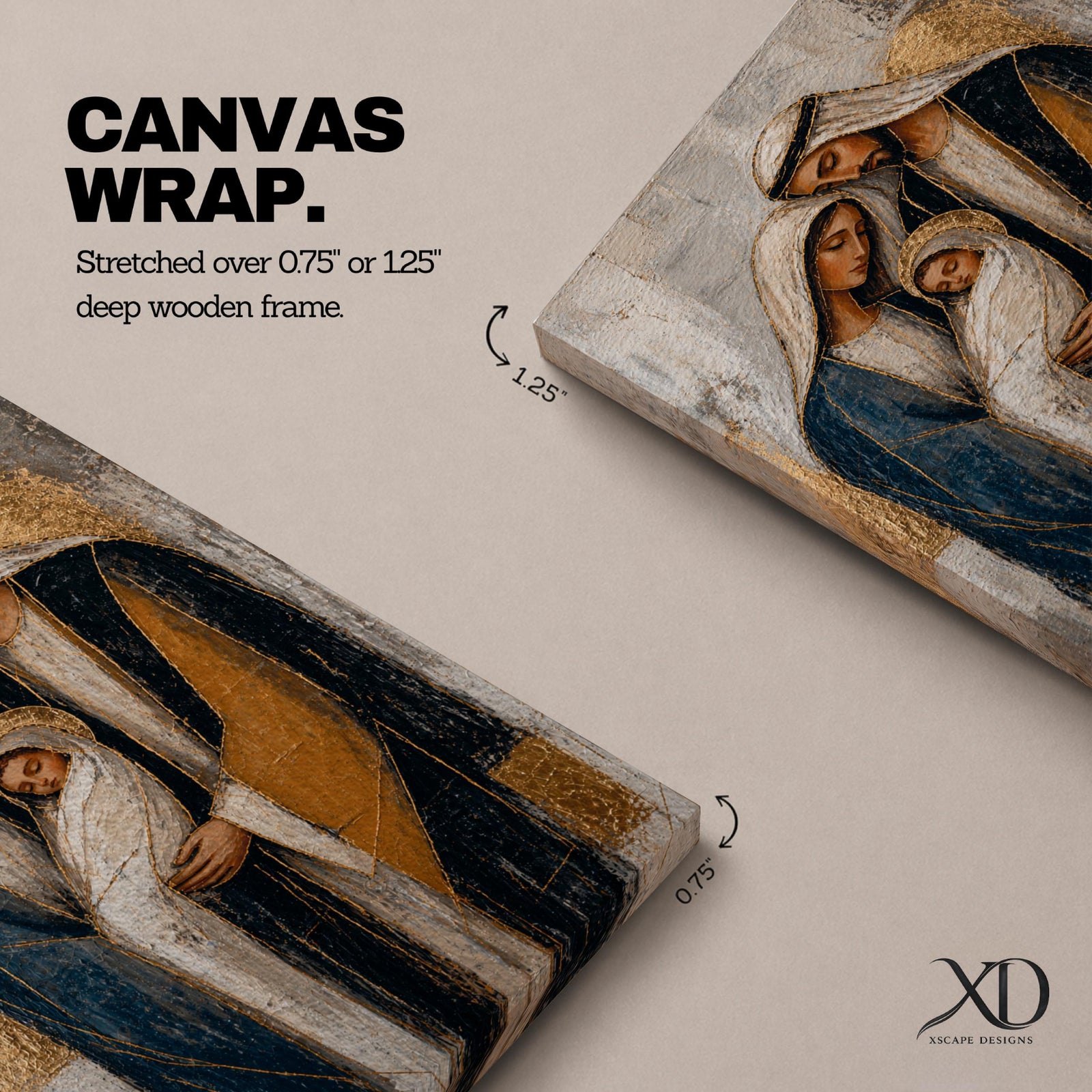 Celebrate faith and family with this Holy Family Wall Art, featuring Mary, Joseph, and the infant Jesus in a beautifully textured painterly style with elegant gold leaf-inspired accents. This timeless Catholic canvas print brings warmth, peace, and devotion to prayer rooms, home altars, churches, or living spaces.
