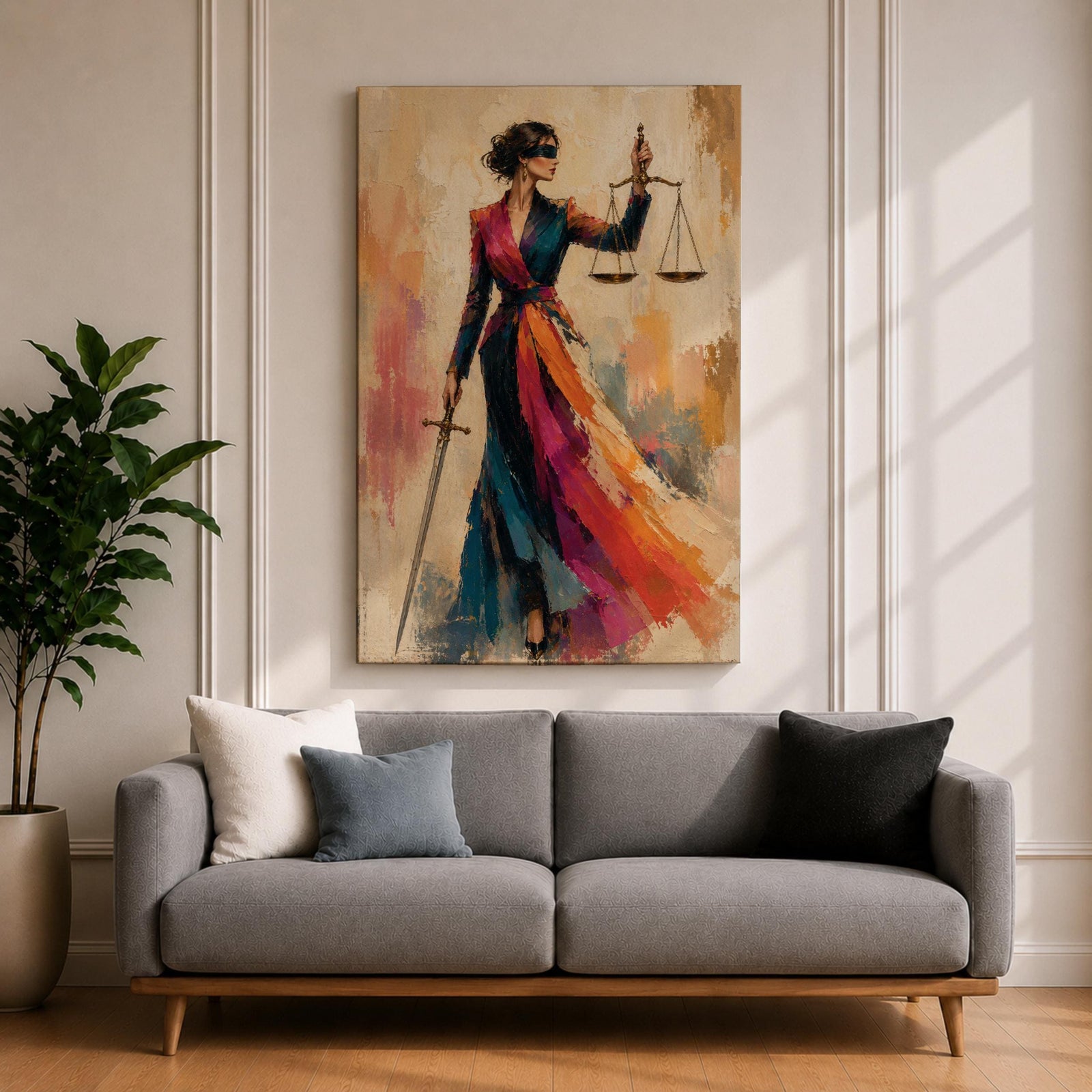 Lady Justice wall art featuring a fashionable blindfolded woman in a flowing colorful couture gown holding scales and a sword, modern Justitia canvas for law office decor.