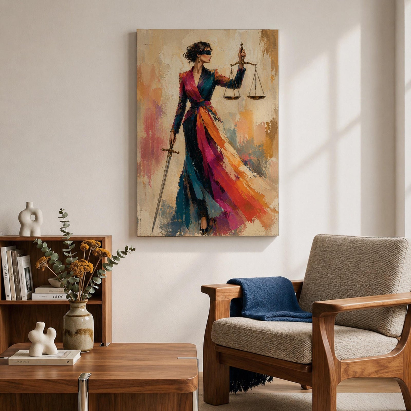Lady Justice wall art featuring a fashionable blindfolded woman in a flowing colorful couture gown holding scales and a sword, modern Justitia canvas for law office decor.