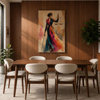 Lady Justice wall art featuring a fashionable blindfolded woman in a flowing colorful couture gown holding scales and a sword, modern Justitia canvas for law office decor.