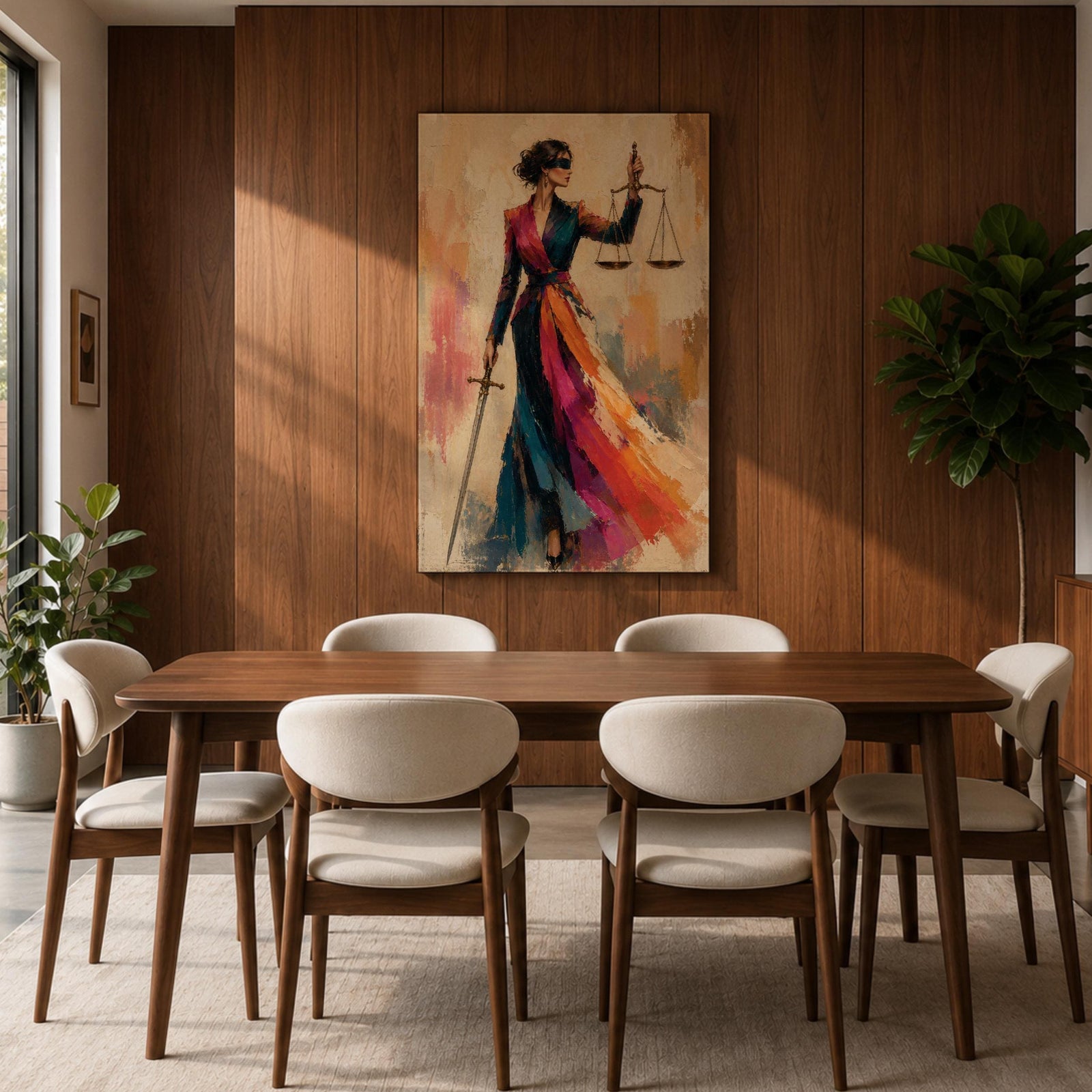 Lady Justice wall art featuring a fashionable blindfolded woman in a flowing colorful couture gown holding scales and a sword, modern Justitia canvas for law office decor.