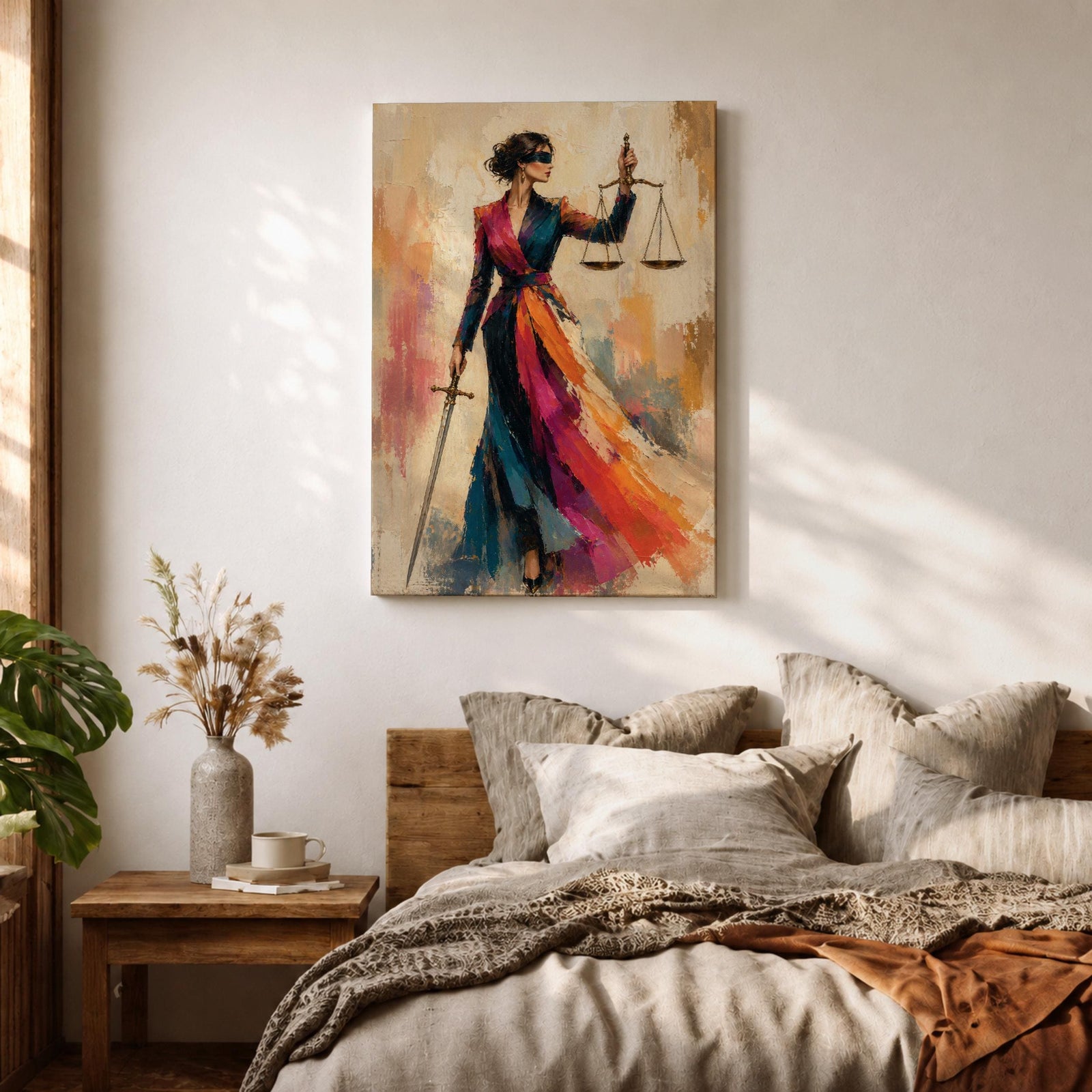 Lady Justice wall art featuring a fashionable blindfolded woman in a flowing colorful couture gown holding scales and a sword, modern Justitia canvas for law office decor.