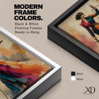 Lady Justice wall art featuring a fashionable blindfolded woman in a flowing colorful couture gown holding scales and a sword, modern Justitia canvas for law office decor.