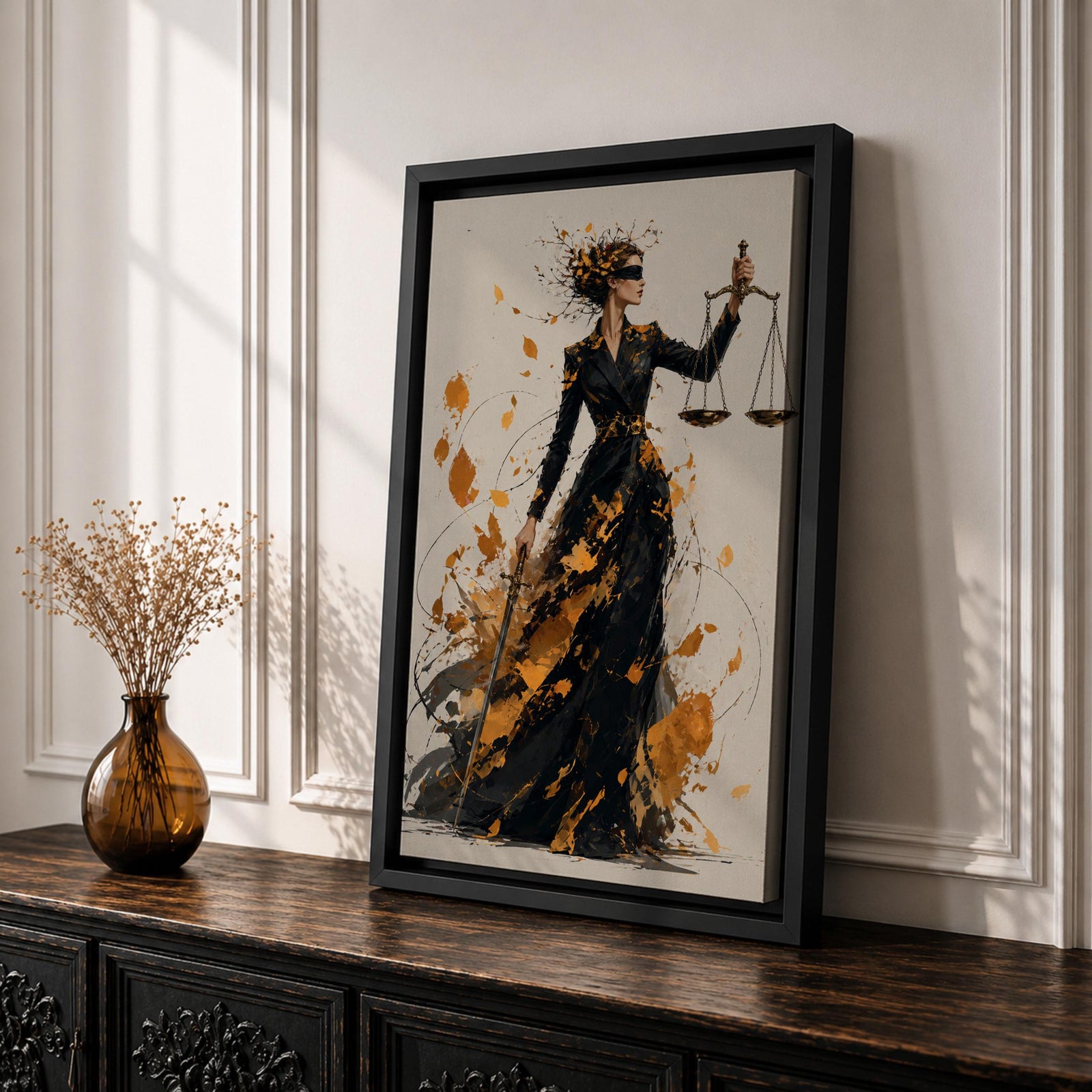 Add sophistication to your legal space with this Lady Justice Wall Art, featuring a striking abstract depiction of the blindfolded goddess holding the scales of justice. Bold gold splashes and expressive brushstrokes create a powerful canvas print for lawyer offices, law firms, and courtrooms.