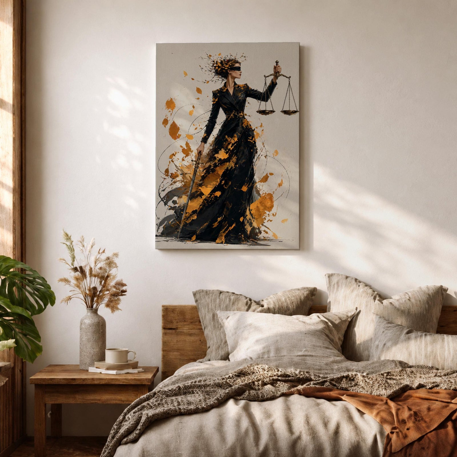 Add sophistication to your legal space with this Lady Justice Wall Art, featuring a striking abstract depiction of the blindfolded goddess holding the scales of justice. Bold gold splashes and expressive brushstrokes create a powerful canvas print for lawyer offices, law firms, and courtrooms.