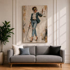 Modern Lady Justice wall art featuring a stylish woman in sunglasses, polka dot blazer, ripped jeans, and heels holding scales and a sword in a fashion-inspired legal portrait.
