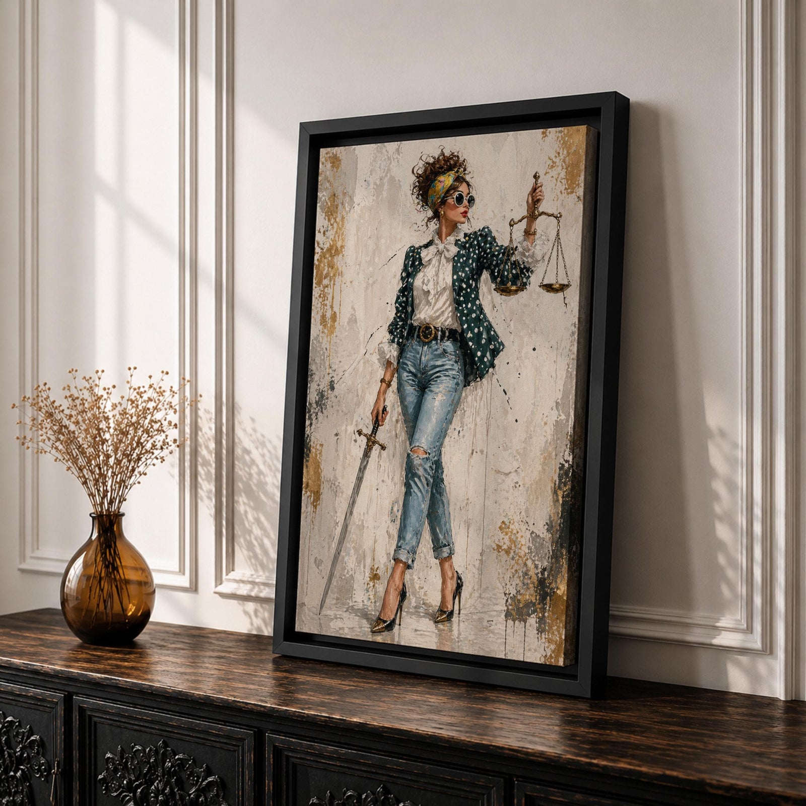 Modern Lady Justice wall art featuring a stylish woman in sunglasses, polka dot blazer, ripped jeans, and heels holding scales and a sword in a fashion-inspired legal portrait.