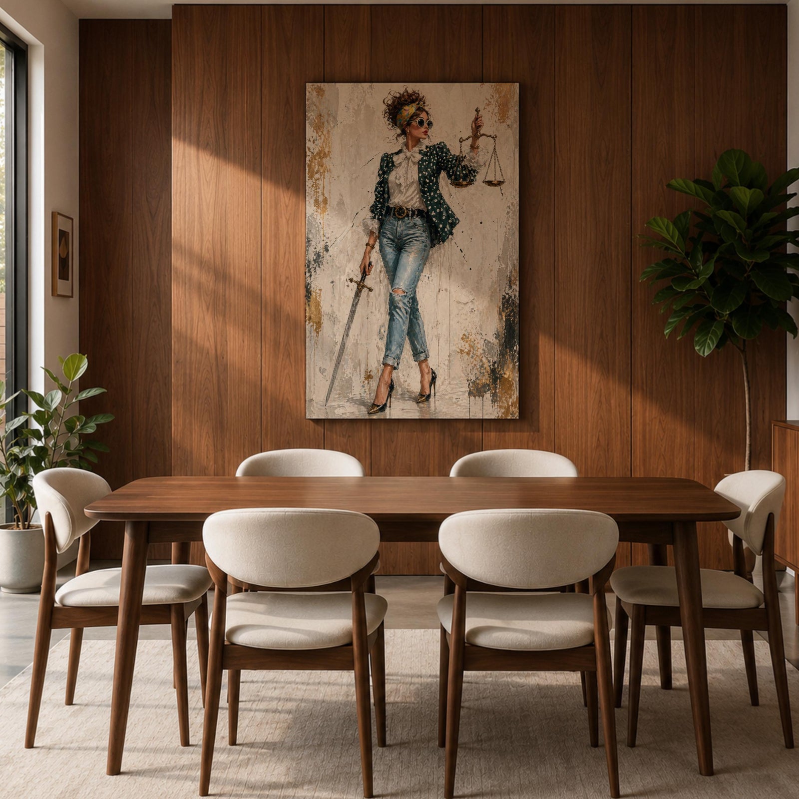 Modern Lady Justice wall art featuring a stylish woman in sunglasses, polka dot blazer, ripped jeans, and heels holding scales and a sword in a fashion-inspired legal portrait.