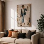 Modern Lady Justice wall art featuring a stylish woman in sunglasses, polka dot blazer, ripped jeans, and heels holding scales and a sword in a fashion-inspired legal portrait.
