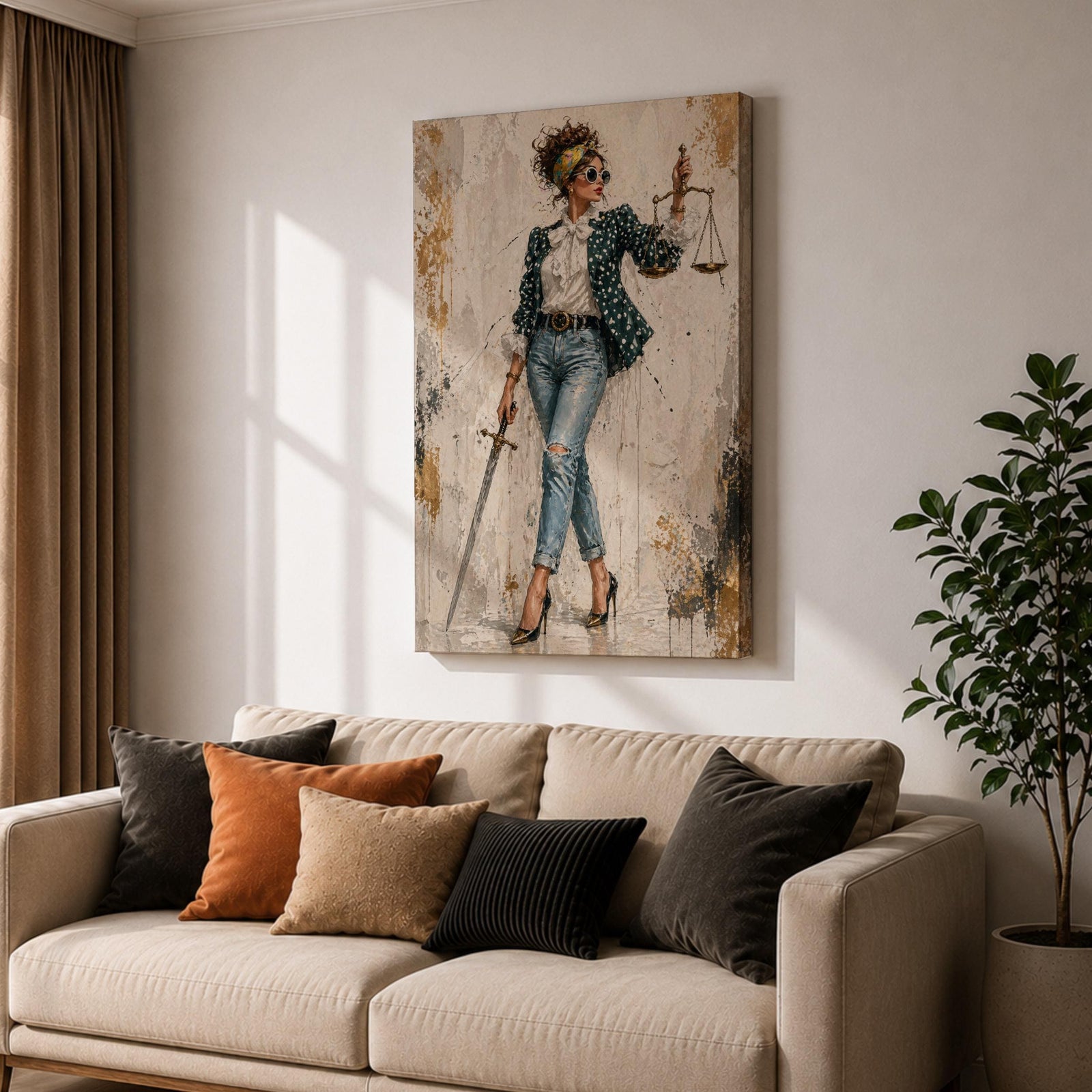 Modern Lady Justice wall art featuring a stylish woman in sunglasses, polka dot blazer, ripped jeans, and heels holding scales and a sword in a fashion-inspired legal portrait.