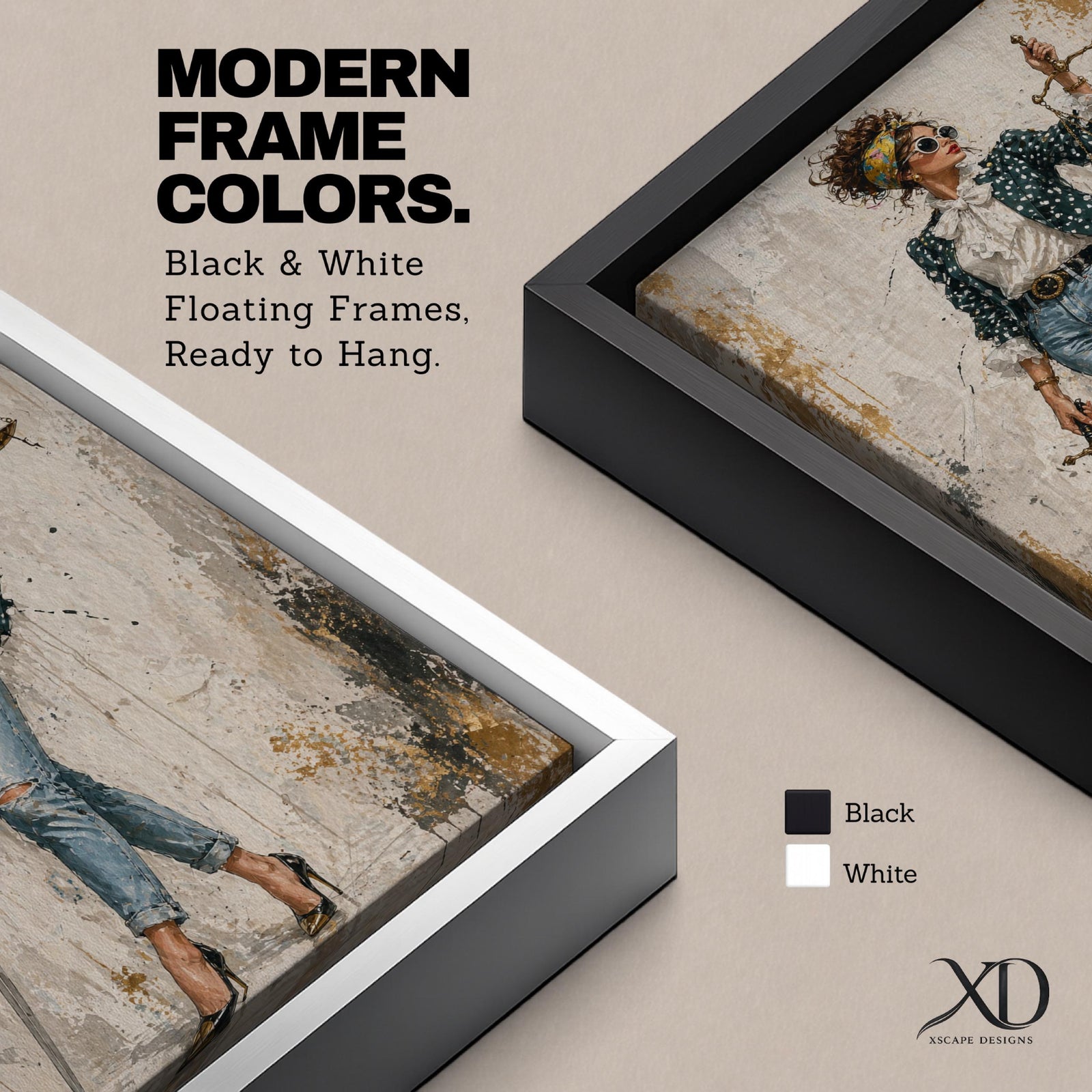 Modern Lady Justice wall art featuring a stylish woman in sunglasses, polka dot blazer, ripped jeans, and heels holding scales and a sword in a fashion-inspired legal portrait.