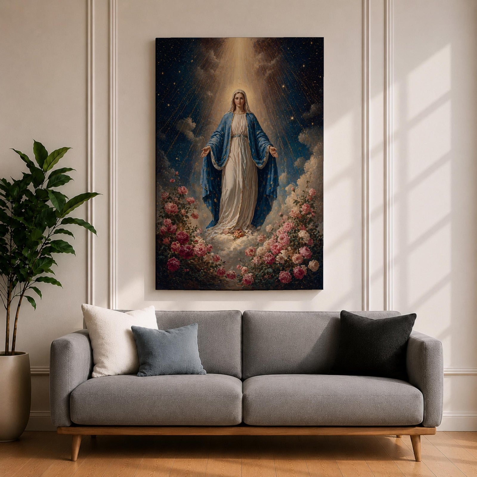 Honor your faith with this Virgin Mary Wall Art, featuring the Blessed Mother surrounded by blooming roses beneath radiant heavenly light. This elegant floral canvas print brings peace, grace, and timeless beauty to Catholic homes, prayer rooms, and sacred spaces.