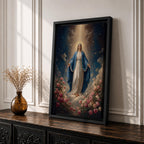 Honor your faith with this Virgin Mary Wall Art, featuring the Blessed Mother surrounded by blooming roses beneath radiant heavenly light. This elegant floral canvas print brings peace, grace, and timeless beauty to Catholic homes, prayer rooms, and sacred spaces.