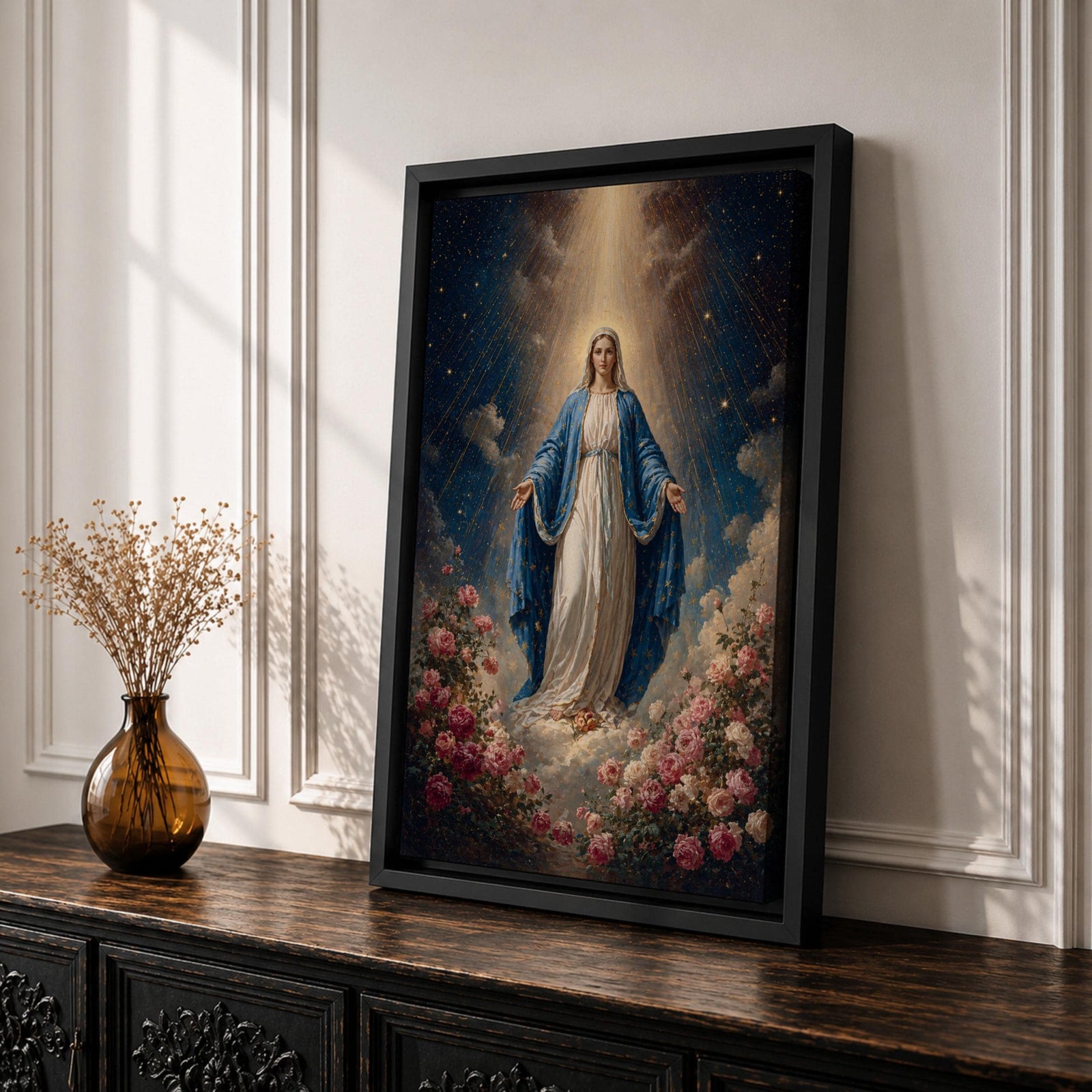 Honor your faith with this Virgin Mary Wall Art, featuring the Blessed Mother surrounded by blooming roses beneath radiant heavenly light. This elegant floral canvas print brings peace, grace, and timeless beauty to Catholic homes, prayer rooms, and sacred spaces.