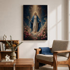 Honor your faith with this Virgin Mary Wall Art, featuring the Blessed Mother surrounded by blooming roses beneath radiant heavenly light. This elegant floral canvas print brings peace, grace, and timeless beauty to Catholic homes, prayer rooms, and sacred spaces.