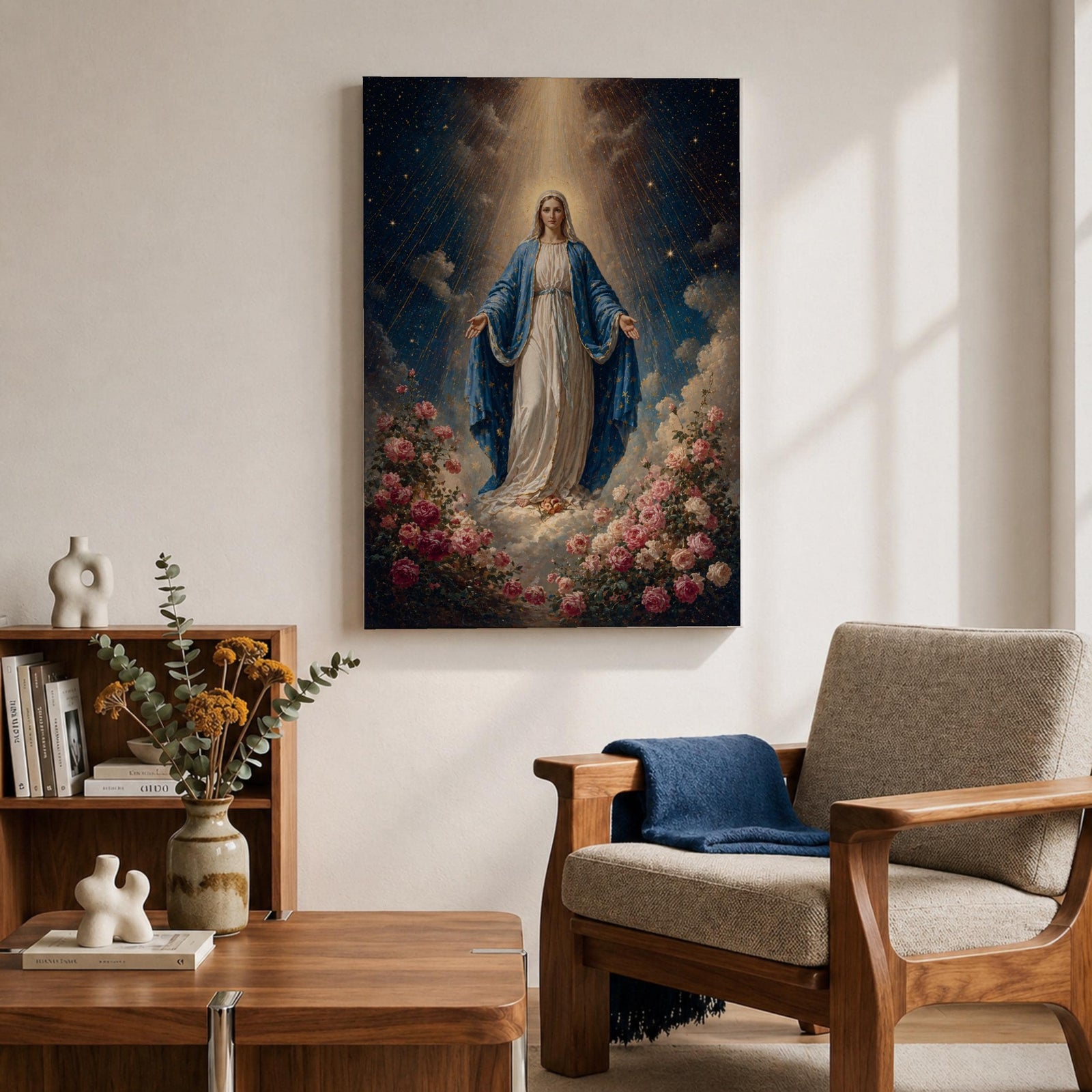 Honor your faith with this Virgin Mary Wall Art, featuring the Blessed Mother surrounded by blooming roses beneath radiant heavenly light. This elegant floral canvas print brings peace, grace, and timeless beauty to Catholic homes, prayer rooms, and sacred spaces.