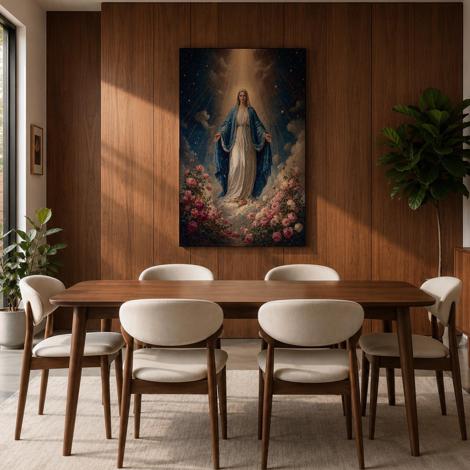 Honor your faith with this Virgin Mary Wall Art, featuring the Blessed Mother surrounded by blooming roses beneath radiant heavenly light. This elegant floral canvas print brings peace, grace, and timeless beauty to Catholic homes, prayer rooms, and sacred spaces.