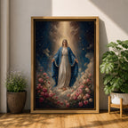 Honor your faith with this Virgin Mary Wall Art, featuring the Blessed Mother surrounded by blooming roses beneath radiant heavenly light. This elegant floral canvas print brings peace, grace, and timeless beauty to Catholic homes, prayer rooms, and sacred spaces.