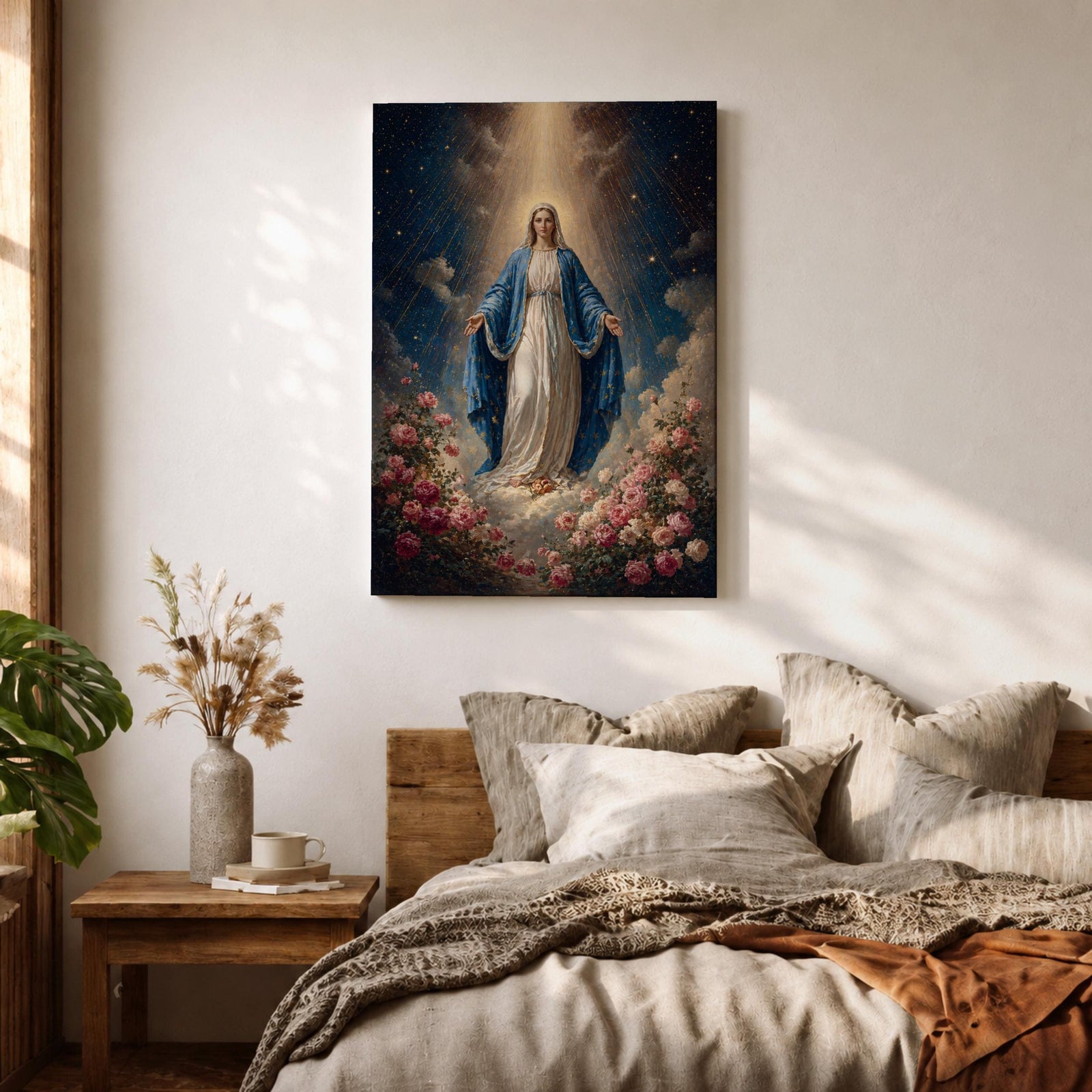Honor your faith with this Virgin Mary Wall Art, featuring the Blessed Mother surrounded by blooming roses beneath radiant heavenly light. This elegant floral canvas print brings peace, grace, and timeless beauty to Catholic homes, prayer rooms, and sacred spaces.