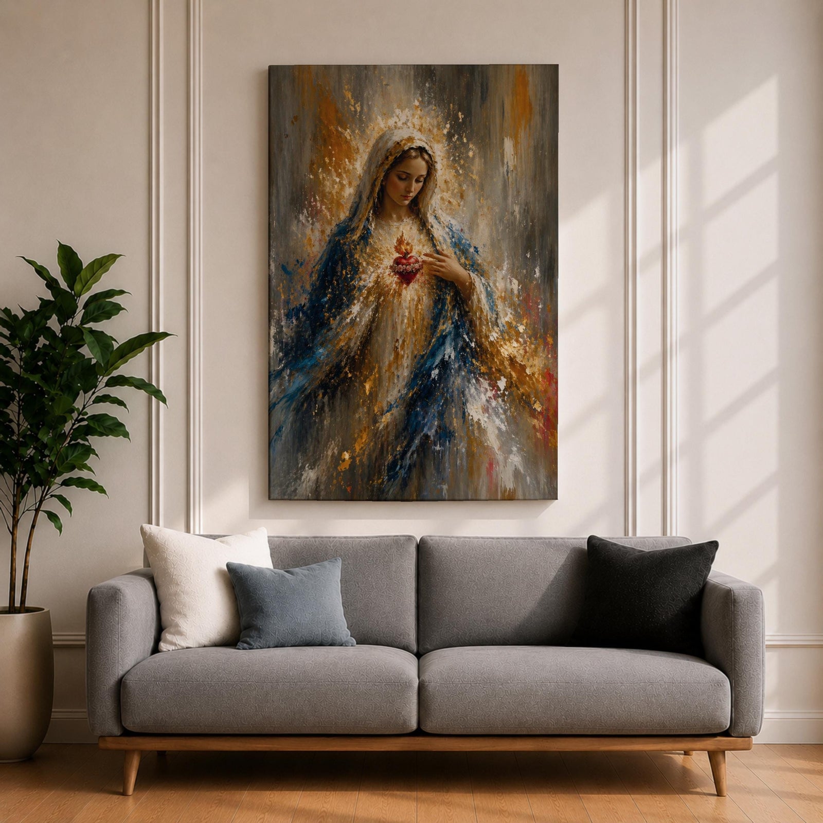 Inspire faith and peace with this Sacred Heart of Mary Wall Art, featuring the Blessed Virgin Mary with a radiant glowing halo and the Immaculate Heart in an expressive impressionist style. Rich blue and gold tones create a timeless Catholic canvas print perfect for prayer rooms, home altars, churches, or sacred spaces.