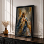 Inspire faith and peace with this Sacred Heart of Mary Wall Art, featuring the Blessed Virgin Mary with a radiant glowing halo and the Immaculate Heart in an expressive impressionist style. Rich blue and gold tones create a timeless Catholic canvas print perfect for prayer rooms, home altars, churches, or sacred spaces.