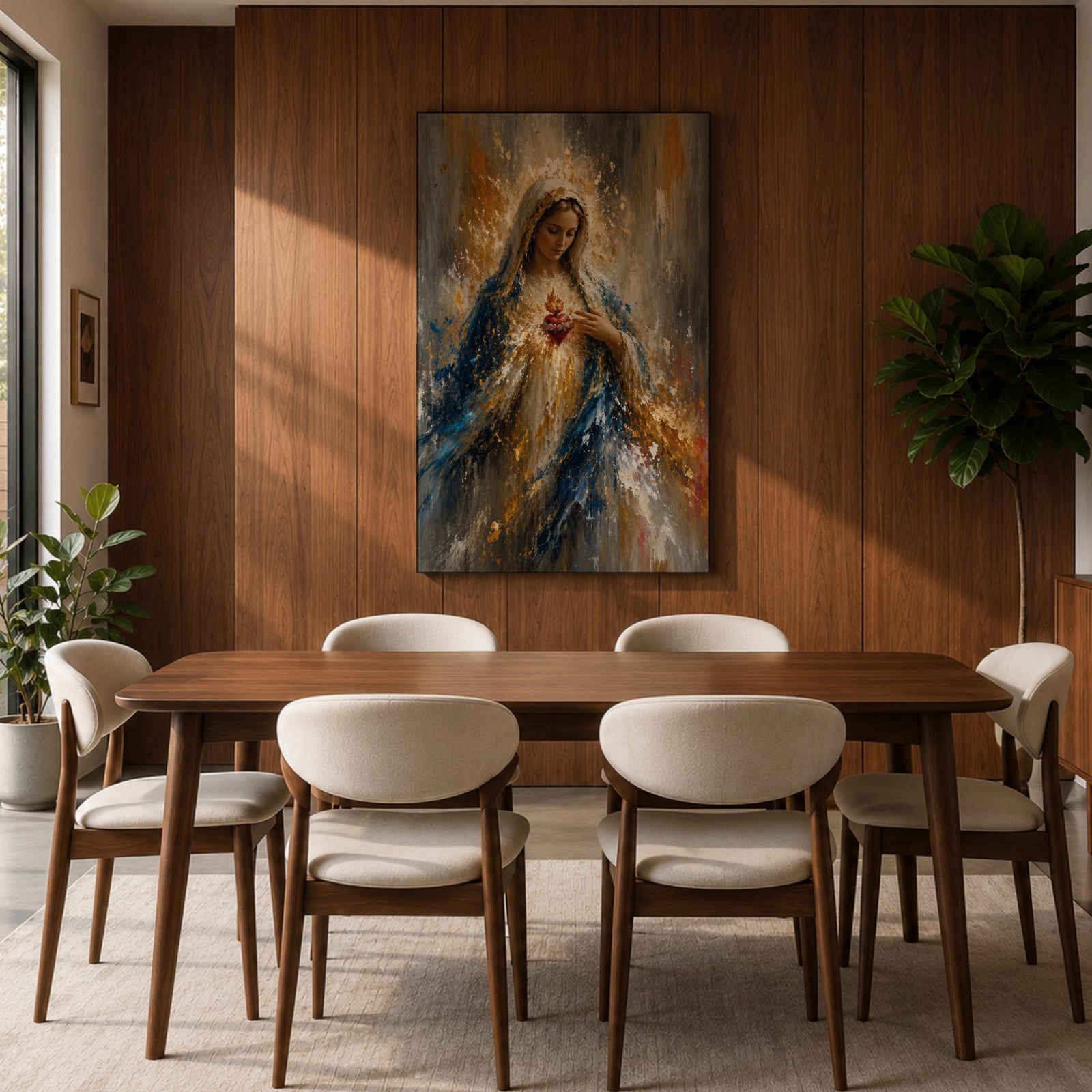 Inspire faith and peace with this Sacred Heart of Mary Wall Art, featuring the Blessed Virgin Mary with a radiant glowing halo and the Immaculate Heart in an expressive impressionist style. Rich blue and gold tones create a timeless Catholic canvas print perfect for prayer rooms, home altars, churches, or sacred spaces.