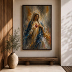 Inspire faith and peace with this Sacred Heart of Mary Wall Art, featuring the Blessed Virgin Mary with a radiant glowing halo and the Immaculate Heart in an expressive impressionist style. Rich blue and gold tones create a timeless Catholic canvas print perfect for prayer rooms, home altars, churches, or sacred spaces.