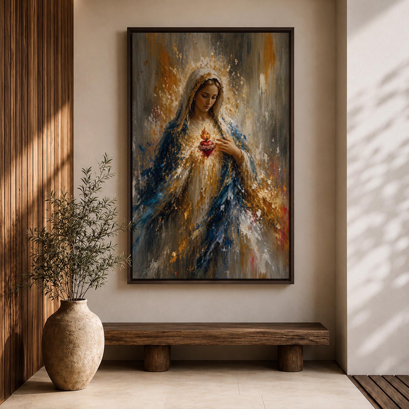 Inspire faith and peace with this Sacred Heart of Mary Wall Art, featuring the Blessed Virgin Mary with a radiant glowing halo and the Immaculate Heart in an expressive impressionist style. Rich blue and gold tones create a timeless Catholic canvas print perfect for prayer rooms, home altars, churches, or sacred spaces.