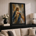 Inspire faith and peace with this Sacred Heart of Mary Wall Art, featuring the Blessed Virgin Mary with a radiant glowing halo and the Immaculate Heart in an expressive impressionist style. Rich blue and gold tones create a timeless Catholic canvas print perfect for prayer rooms, home altars, churches, or sacred spaces.