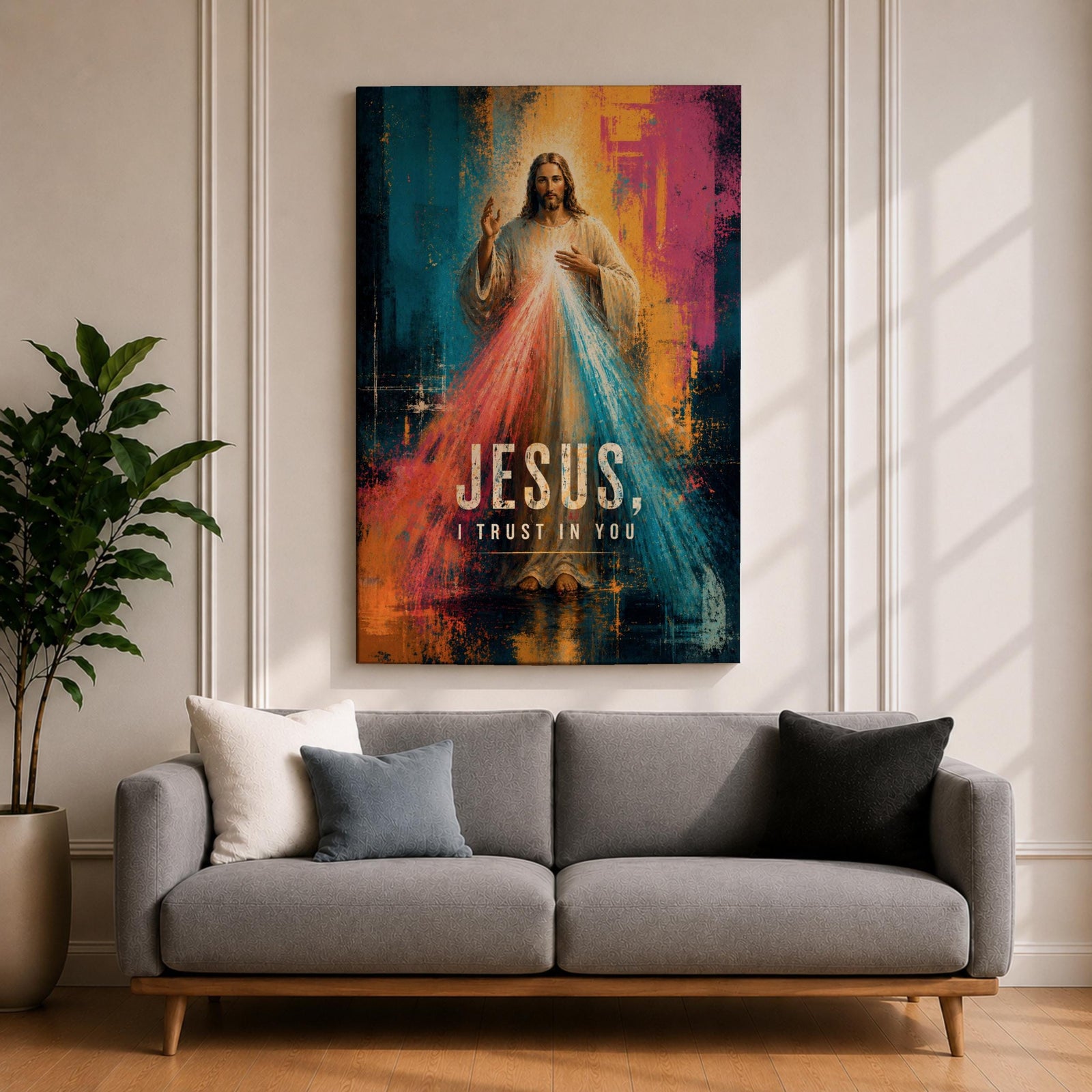 Divine Mercy wall art featuring Jesus Christ with radiant red and blue mercy rays and the words “Jesus, I Trust in You.” This contemporary Christian artwork combines bold abstract textures, vibrant colors, and devotional symbolism, creating an inspiring focal point for faith-filled interiors.