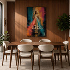 Divine Mercy wall art featuring Jesus Christ with radiant red and blue mercy rays and the words “Jesus, I Trust in You.” This contemporary Christian artwork combines bold abstract textures, vibrant colors, and devotional symbolism, creating an inspiring focal point for faith-filled interiors.