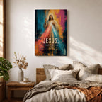 Divine Mercy wall art featuring Jesus Christ with radiant red and blue mercy rays and the words “Jesus, I Trust in You.” This contemporary Christian artwork combines bold abstract textures, vibrant colors, and devotional symbolism, creating an inspiring focal point for faith-filled interiors.