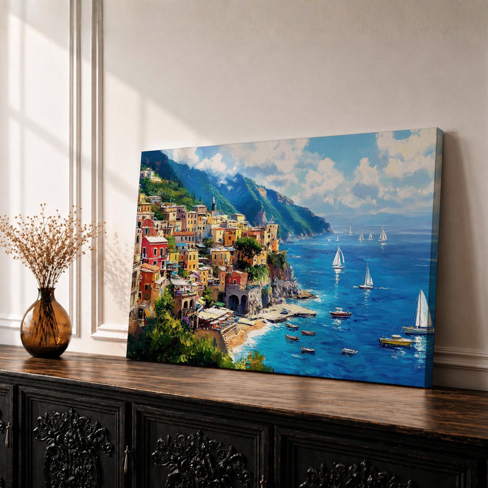 Amalfi Coast Wall Art Positano Italy Framed Canvas Mediterranean Landscape Living Room Decor