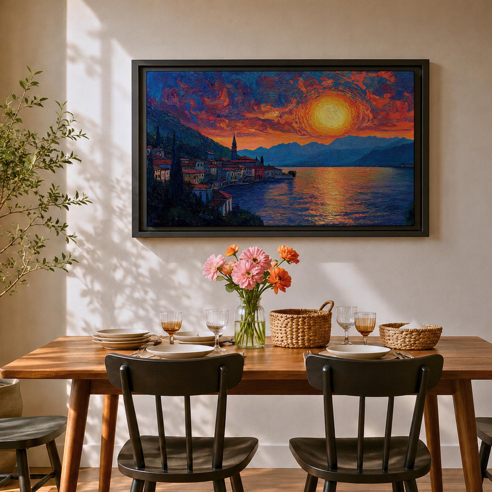 Lake Como Sunset Wall Art Italian Landscape Framed Canvas Coastal Impasto Rustic Home Decor