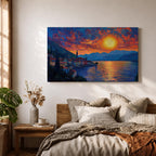 Lake Como Sunset Wall Art Italian Landscape Framed Canvas Coastal Impasto Rustic Home Decor