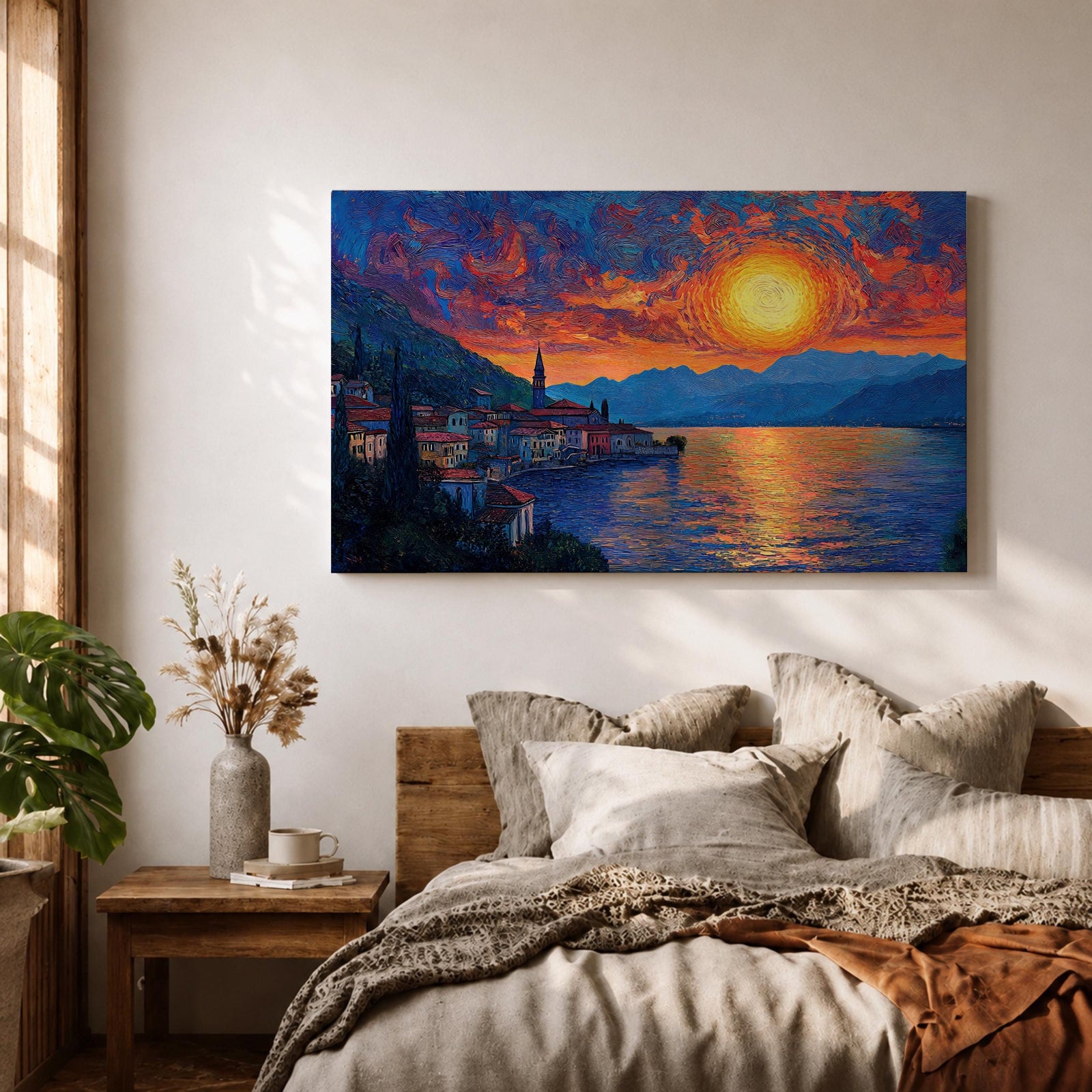Lake Como Sunset Wall Art Italian Landscape Framed Canvas Coastal Impasto Rustic Home Decor