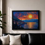 Lake Como Sunset Wall Art Italian Landscape Framed Canvas Coastal Impasto Rustic Home Decor