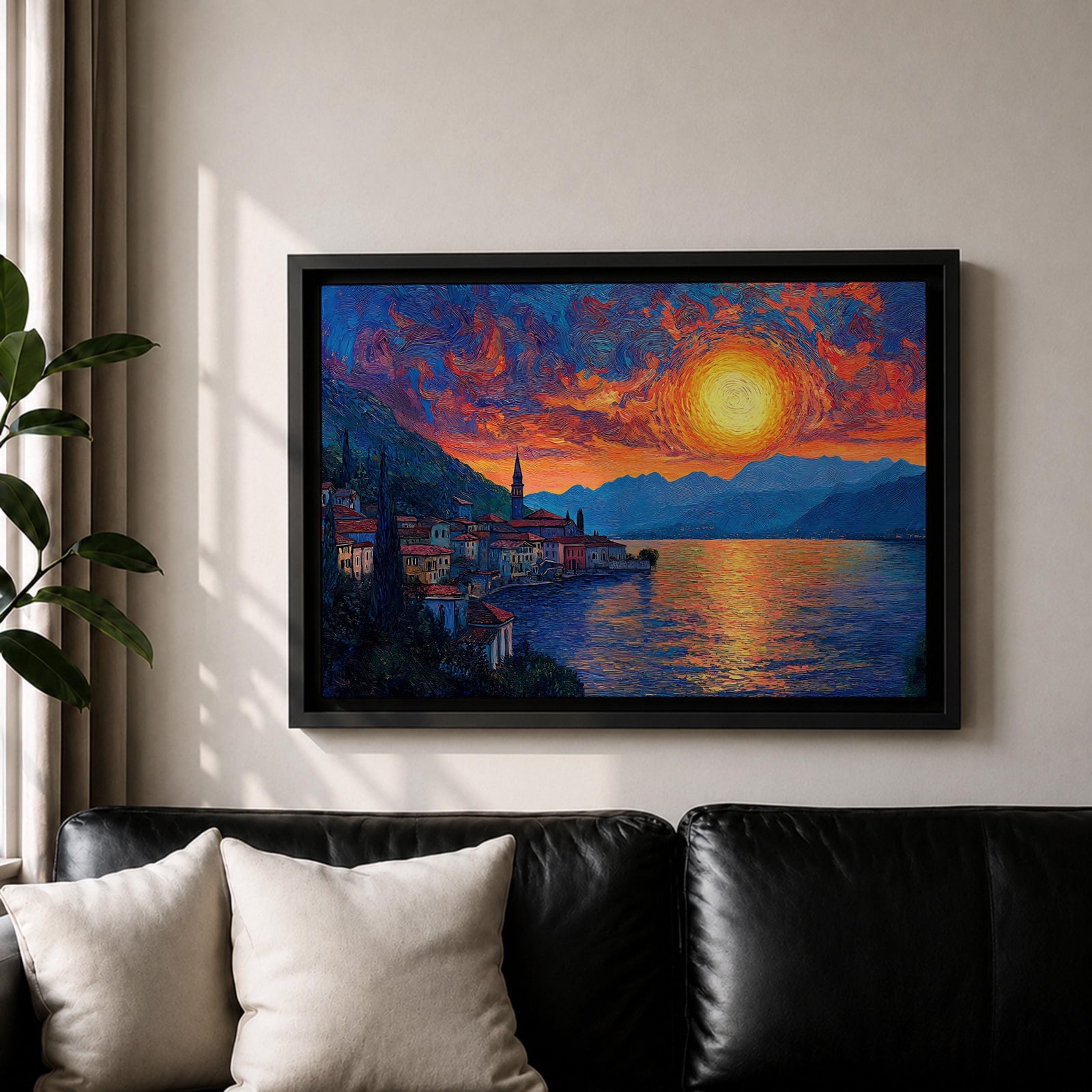 Lake Como Sunset Wall Art Italian Landscape Framed Canvas Coastal Impasto Rustic Home Decor