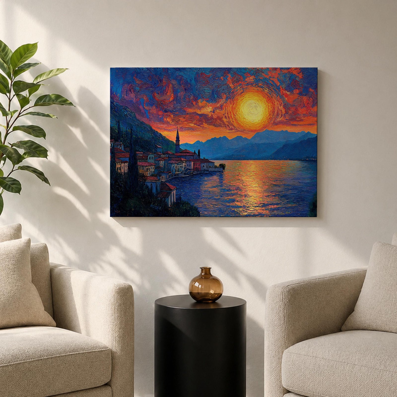 Lake Como Sunset Wall Art Italian Landscape Framed Canvas Coastal Impasto Rustic Home Decor