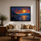 Lake Como Sunset Wall Art Italian Landscape Framed Canvas Coastal Impasto Rustic Home Decor