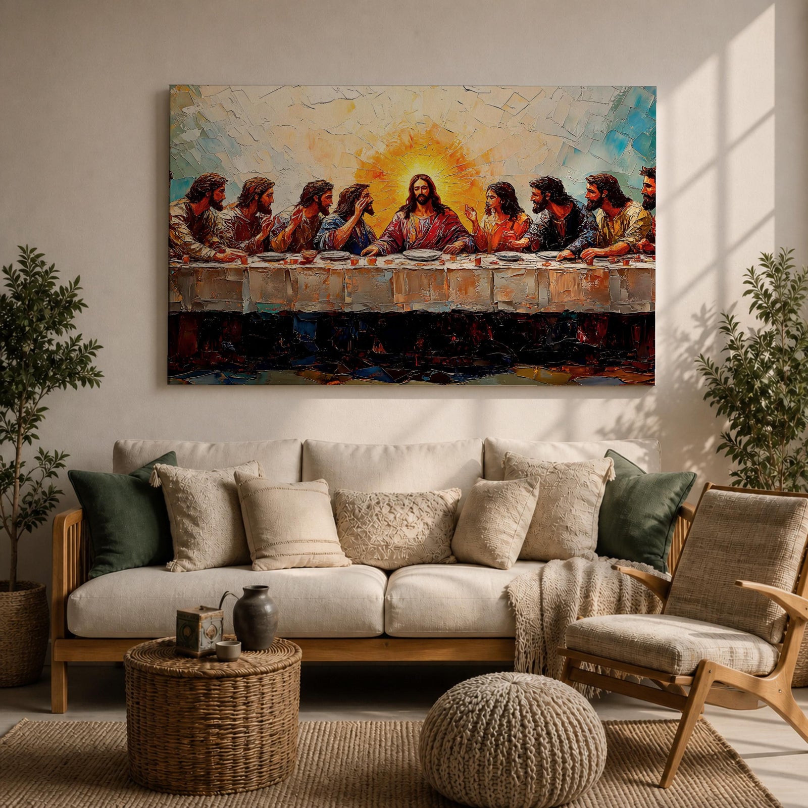 Last Supper Wall Art Jesus and Apostles Framed Canvas Christian Biblical Rustic Home Decor