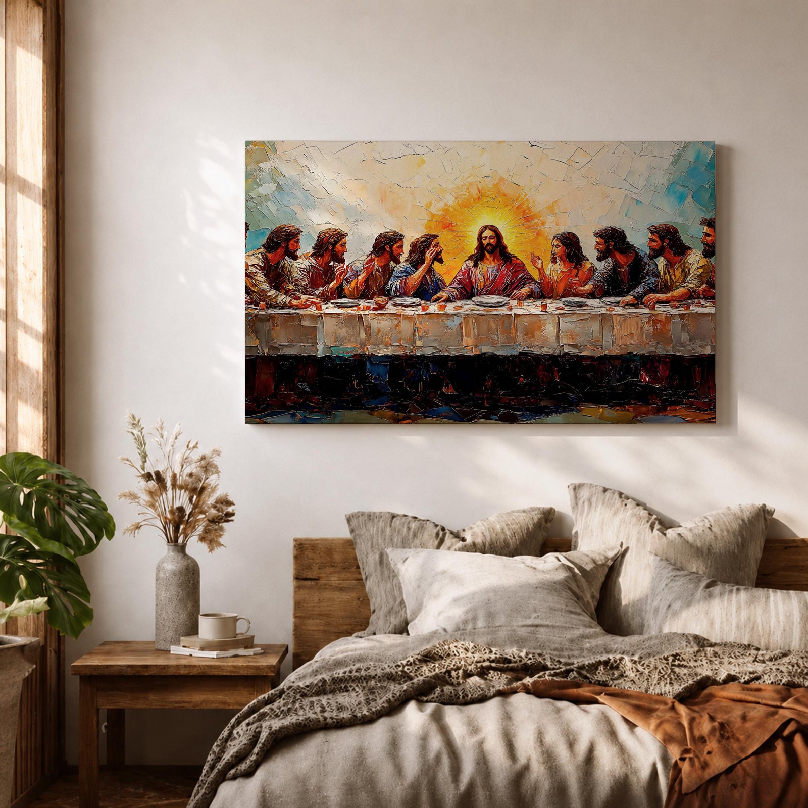 Last Supper Wall Art Jesus and Apostles Framed Canvas Christian Biblical Rustic Home Decor