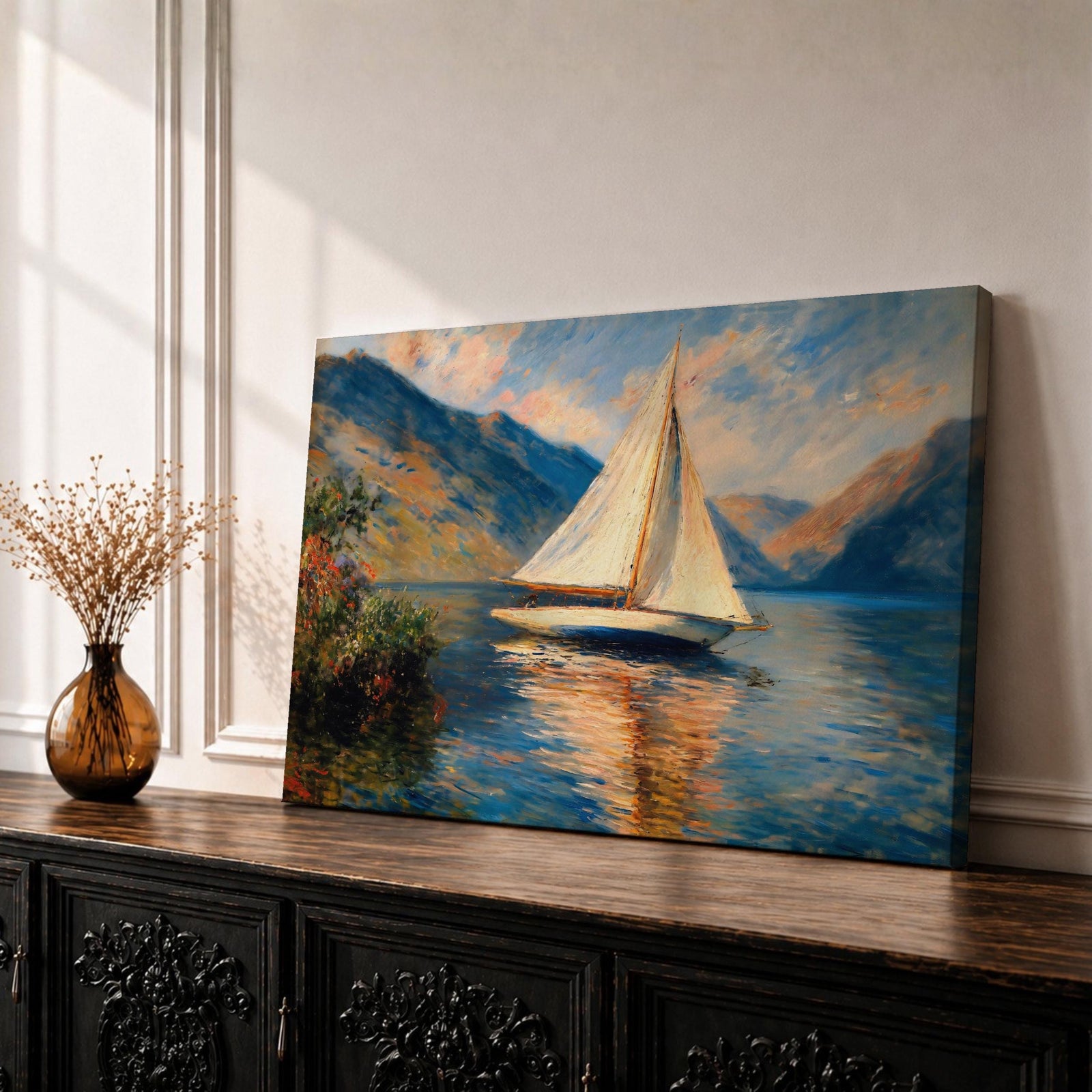 Sailboat Wall Art Sailing Ship Framed Canvas Nautical Landscape Vintage Coastal Home Decor