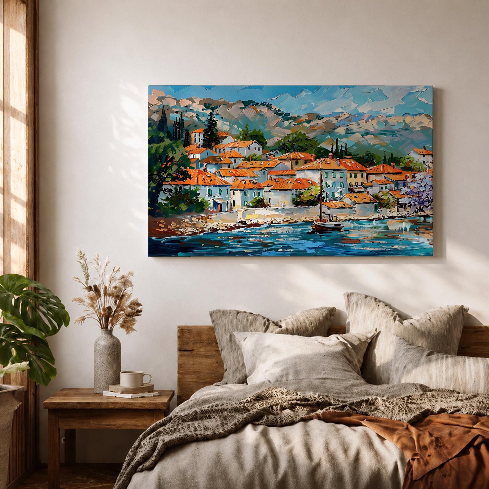 Mediterranean Village Wall Art Dalmatian Coast Framed Canvas Harbor Landscape Boho Home Decor
