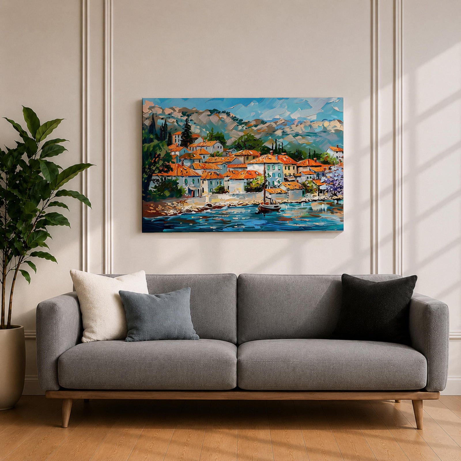 Mediterranean Village Wall Art Dalmatian Coast Framed Canvas Harbor Landscape Boho Home Decor